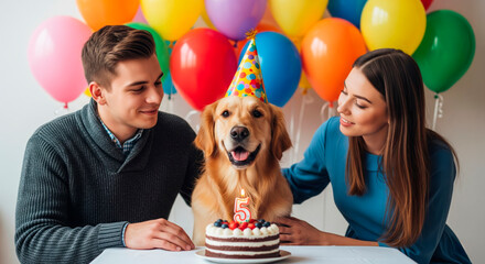 Couple celebrates their Golden Retriever's 5th birthday with cake and balloons. Pet birthday party joy.