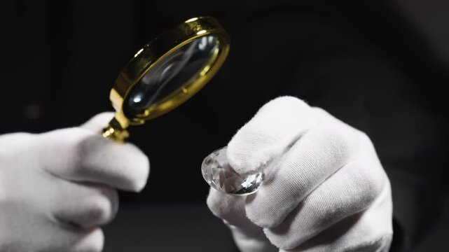 Closeup of hands of diamond expert in process of evaluating polished diamonds using jewellery tools.