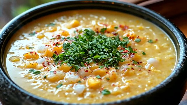 Delicious and Creamy Corn Chowder Soup with Fresh Herbs in a Rustic Bowl
