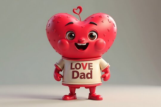 Cartoon Heart Character with 'Love Dad' T-shirt, red skin and heart, standing with a happy expression, perfect for Father's Day projects.             