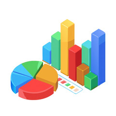 Obraz premium Colorful 3d bar chart and pie chart with data visualization isolated on transparent background