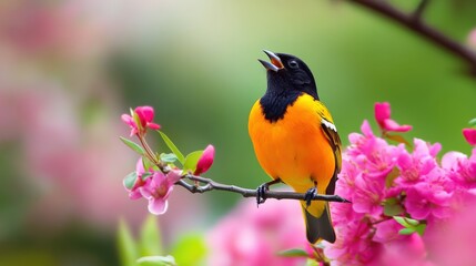 Fototapeta premium Vibrant bird perched amidst blossoming pink flowers.