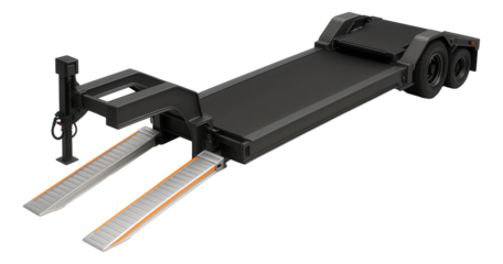 Drop deck trailer with adjustable height and loading ramps