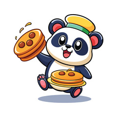 Funny Panda Chef Flipping Pancakes Vector – One Lands on Its Head – Cute Animal Cooking Clipart on White Background