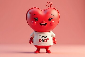 Cute, Smiling Heart-Shaped Figure with "Love Dad" Shirt on Soft Pink Backdrop for Father's Day Card or Promotional Graphic                            