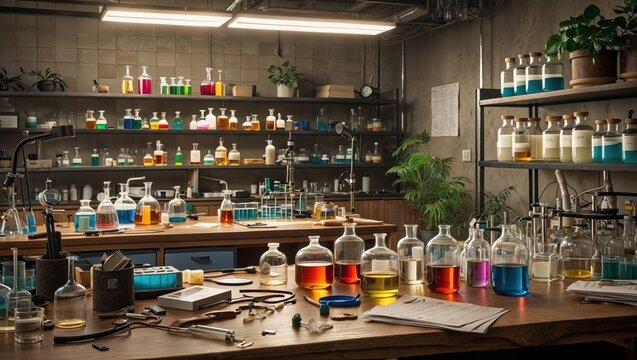 A vibrant laboratory scene filled with various glass beakers and bottles containing colorful liquids, showcasing scientific research and experimentation