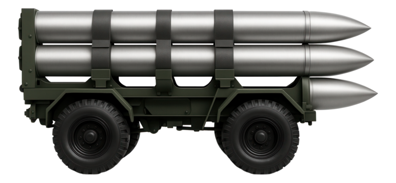 Missile transport vehicle with cradle-mounted missile tubes and securing straps
