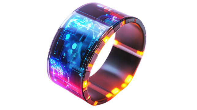 • A futuristic smartwatch concept with a flexible display, isolated on white background in HD 