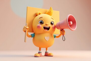 Cheerful Yellow Cartoon Character Holding a Sign and Megaphone, Promoting an Announcement or Event, 3D Rendered with a Soft Color Palette.            