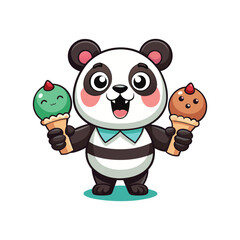 Obraz premium Cute Overwhelmed Panda Holding Two Melting Ice Creams – Funny Vector Illustration on White Background for Summer and Food Concepts