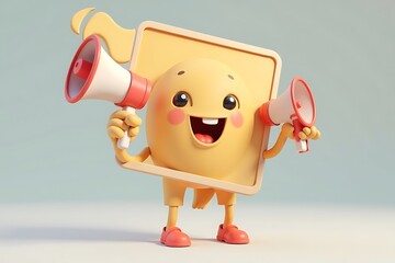 3D Render of a Cheerful Cartoon Character with Square Headframe, Holding Megaphones for Announcing, Isolated on Light Background                      