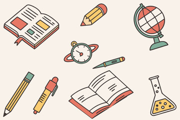 Collection of educational icons featuring books and pencils in a grid layout