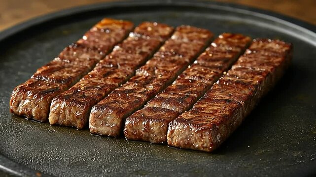 Delicious and Perfectly Cooked Wagyu Beef Cubes on a Black Plate close-up video footage