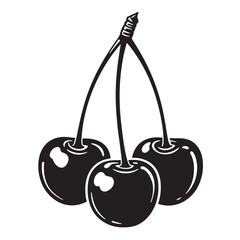 Simple black and white illustration of three fresh cherries connected by a stem