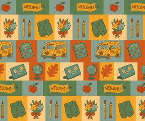 Back to school Seamless pattern with school bus, globe, apple, notebook, pencil, vest, flowers in hand-drawn flat vector style, warm muted retro colors, for educational designs, fabric, wrapping paper
