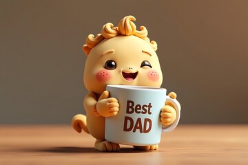Cute Character Holding "Best Dad" Mug: Sweet Cartoon Illustration Celebrating Father's Day with Adorable, Smiling Figure                              