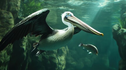Pelican in flight underwater.