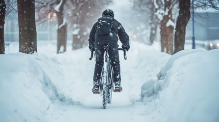 Person cycling through a snowy urban path.