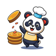 Funny Panda Chef Flipping Pancakes Vector – One Lands on Its Head – Cute Animal Cooking Clipart on White Background