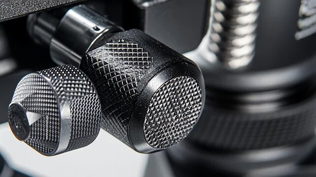 Close-up of textured black camera tripod knobs