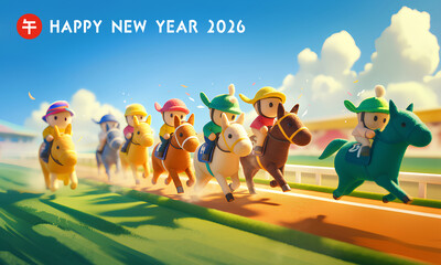 2026 年賀状素材（午年・干支・年賀状）ヨコ-競馬