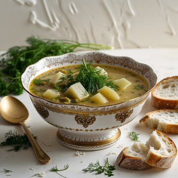 Azerbaijani dovga soup in white decorated bowl