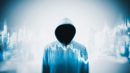 Anonymous Figure Amidst Financial Data: A shadowy figure wearing a hooded sweatshirt stands amidst a digital cityscape, overlaid with stock market data. Capturing the theme of data security.