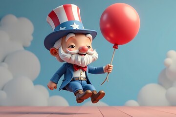 Smiling Cartoon Character with Patriotic Hat Holding a Red Balloon Against Sky and Clouds Background                                                  