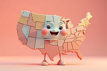 Cheerful United States Map Cartoon with States, Faces and Pink Background-Conceptual illustration                                                     