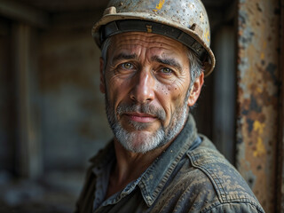 Portrait of a weathered miner in a hard hat