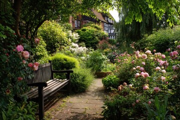 Obraz premium Serene garden scene with a wooden bench nestled amongst blossoming roses, lush greenery, and a stone path leading to a charming house partially hidden by foliage