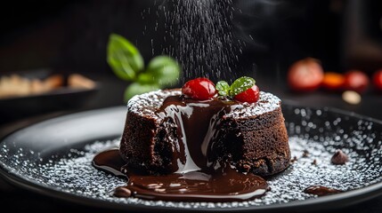 Chocolate lava cake on a dessert plate