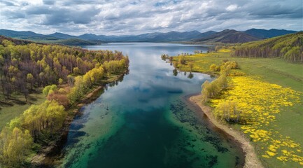Serene lake nestled in a valley, vibrant yellow wildflowers blooming along its shores, reflecting a cloudy sky, clear turquoise water visible near the banks, surrounded by spring foliage 