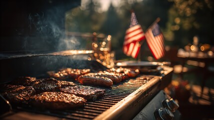 Sizzling summer cookout grilling meats and hotdogs celebrating freedom with American flags on a sunny afternoon barbecue