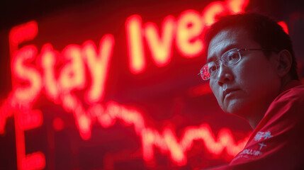 Remain invested : Man in glasses looking contemplative against a red neon sign that reads "Stay Invested."