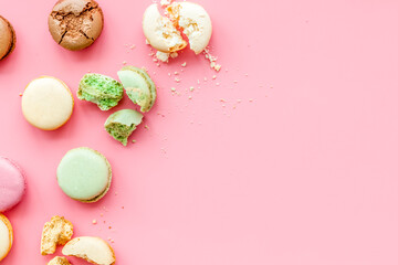 sweet dessert pattern with macarons on pink background flat lay mockup