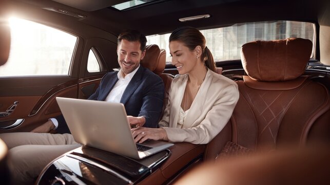 The couple working together on a laptop in a luxury car interior. - Powered by Adobe