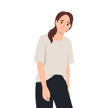 Woman with a slouched posture and a sad expression, wearing a loose beige shirt and dark pants. Flat vector illustration isolated on white background