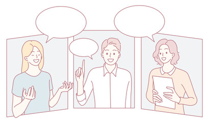 An engaging illustration depicting three individuals in active communication, showcasing modern digital conversations