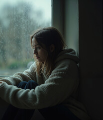 A woman looking out the window on a rainy day, lost in thought