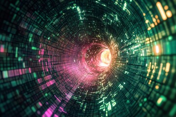 Fototapeta premium Digital tunnel with vibrant glowing data streams.
