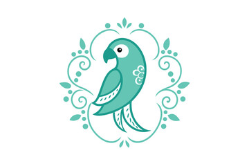 Obraz premium Whimsical Teal Parrot Illustration Encircled by Decorative Flourishes a Charming Blend of Nature and Artistic Design on White Background