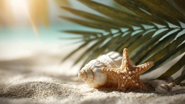 Beautiful starfish and shell on sandy beach under palm leaves