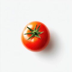 Single, ripe red tomato centered on a stark white background, viewed from directly overhead, showcasing its smooth skin and green calyx