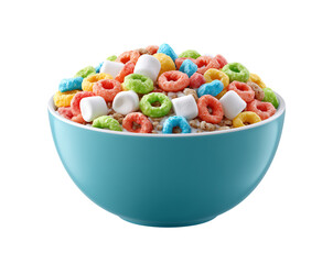 Cereal bowl with colorful cereal and marshmallows isolated on a transparent background
