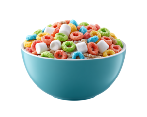 Cereal bowl with colorful cereal and marshmallows isolated on a transparent background