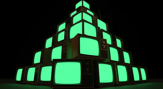 Retro Television Pyramid A Stack of Vintage TVs Glowing Green