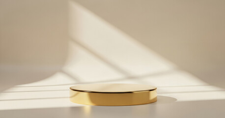 Golden podium stands in front of a wall with sunlight creating shadows ideal for modern branding scenes with elegant contrast and soft light play