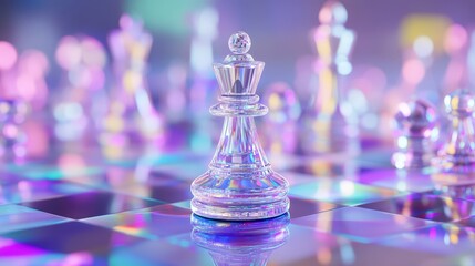 A vibrant, iridescent chess queen piece on a multicolored chessboard.