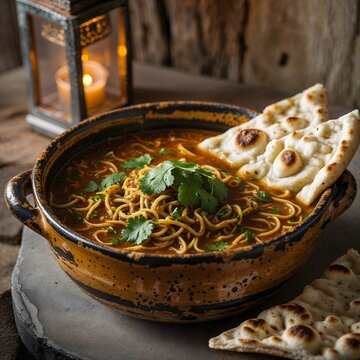 Afghan aush noodle soup in rustic dish